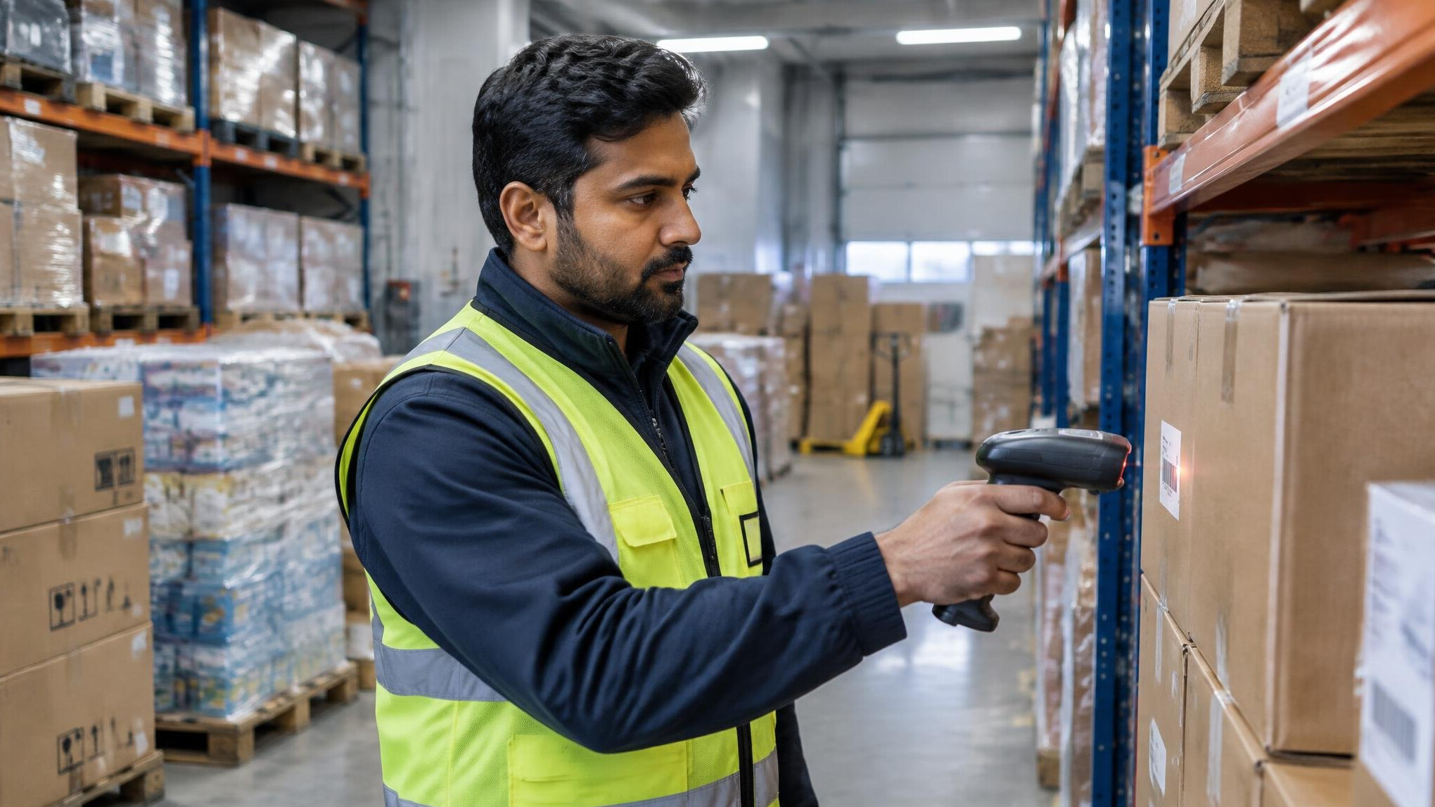 Warehouse worker scanning boxes with a handheld scanner
