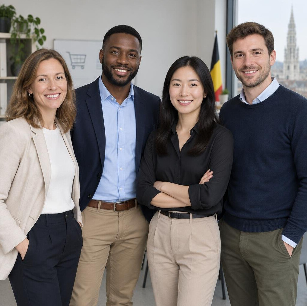 Group of four retail operations consultants standing together in an office
