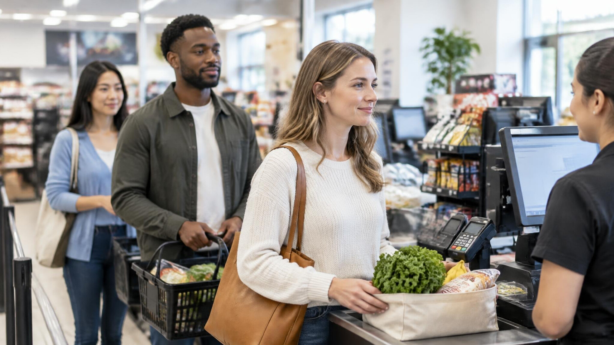 Customers queueing in an orderly line at checkout counters